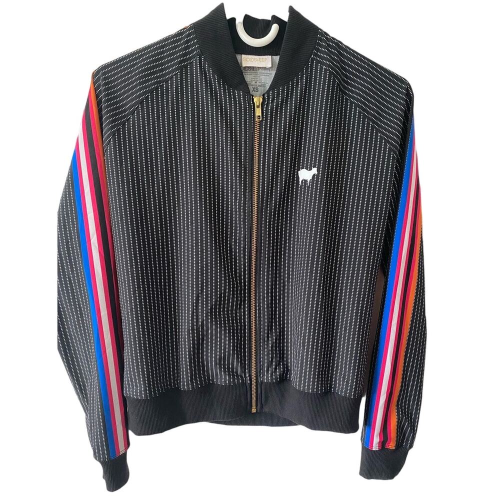 GOLDSHEEP Track Jacket XS Black Rainbow Striped Neon Activewear Festival Zip Up